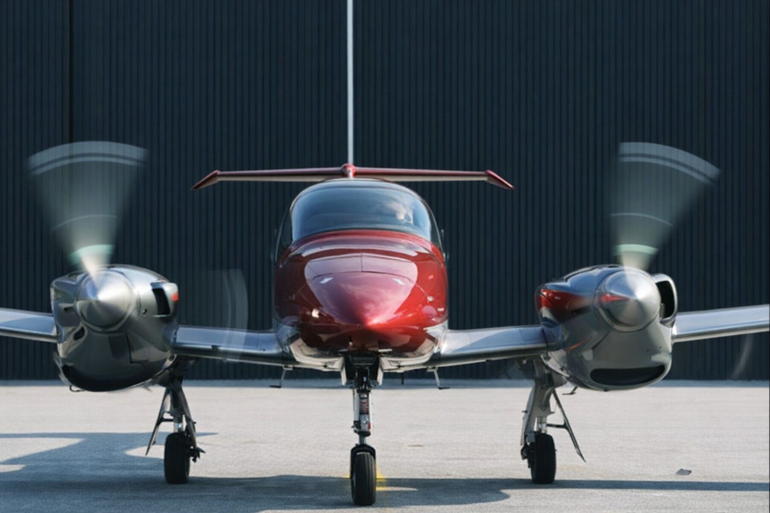 Ett rött tvåmotorigt privatflygplan parkerat framför en hangar.