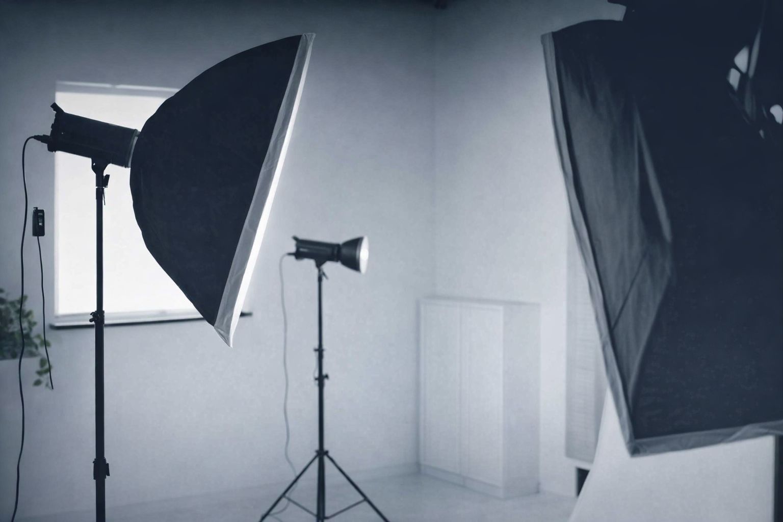 Professionell ljussättning med softboxar i en modern fotostudio.